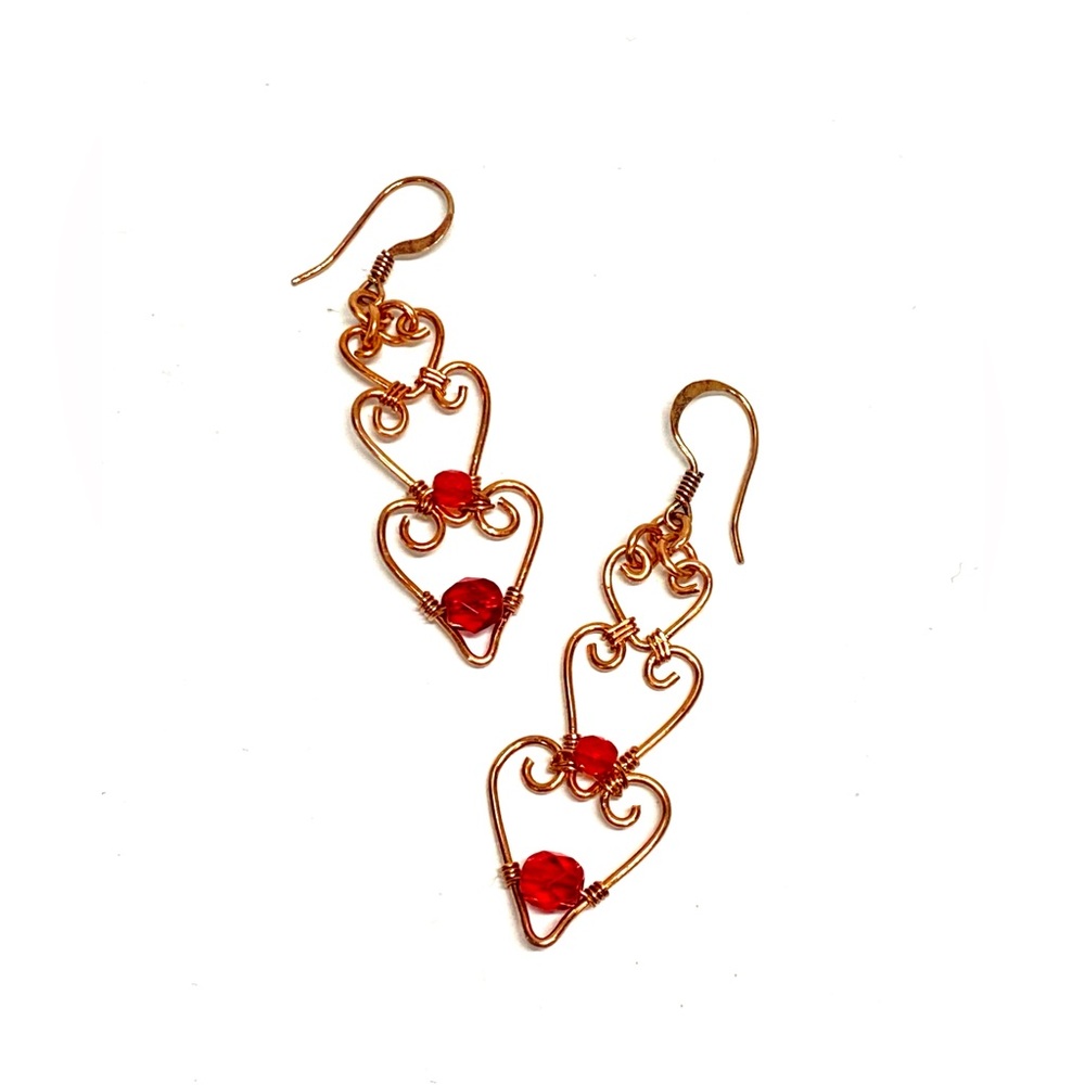 HANDCRAFTED Valentines Day Heart Hand Wrapped Copper Dangle Earrings, Gift Her